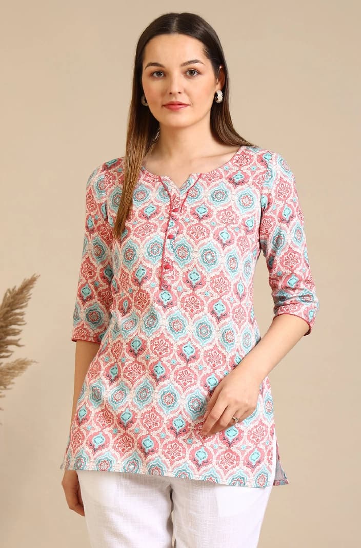 Women's Pink Casual Printed Regular Fit Kurta