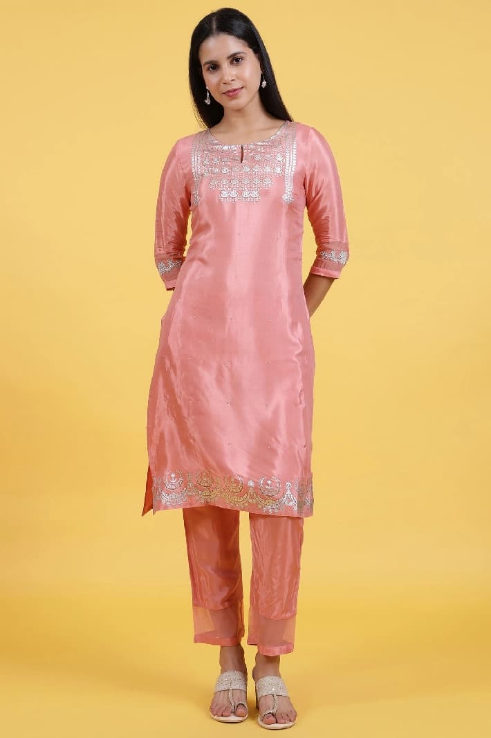 Women's Pink Festive Printed Regular Fit Kurta