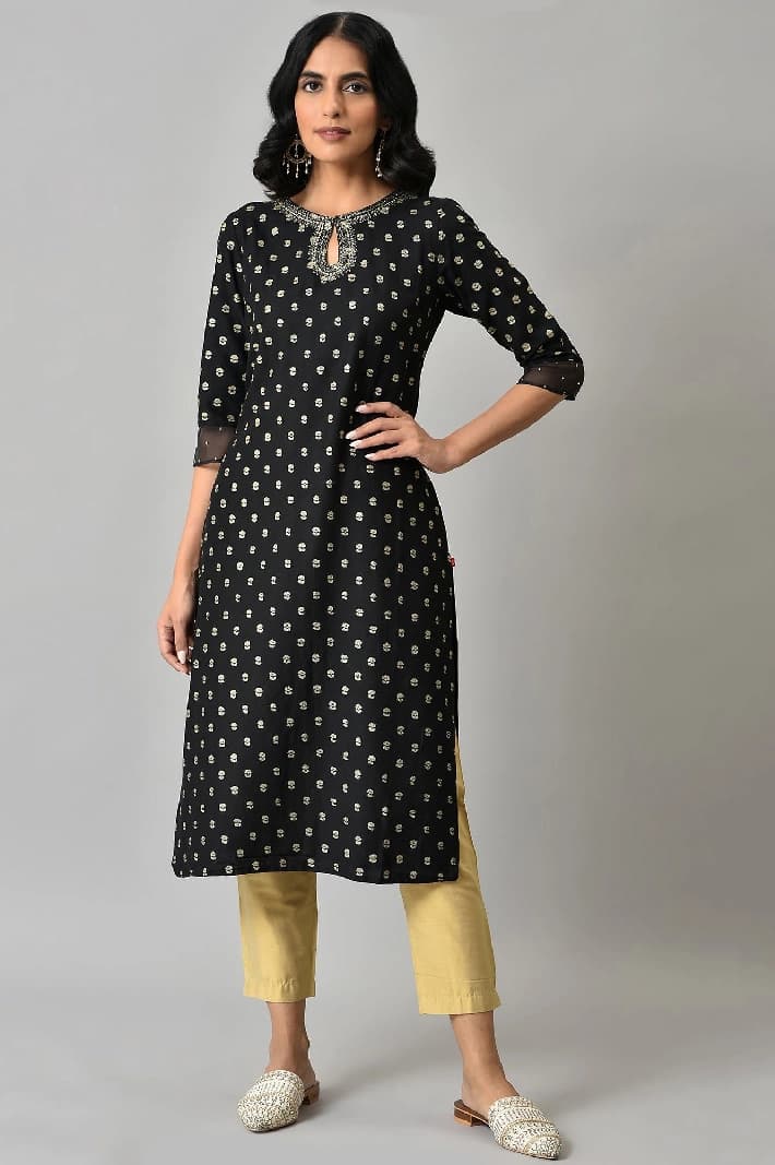Women's Black Festive Printed Regular Fit Kurta