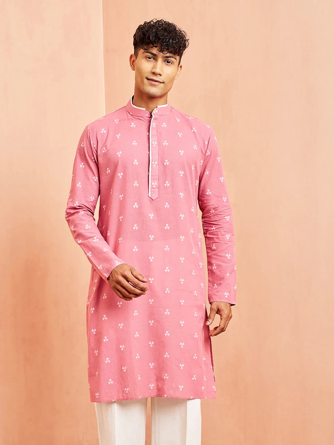 Men's Pink Festive Solid Cotton Kurta