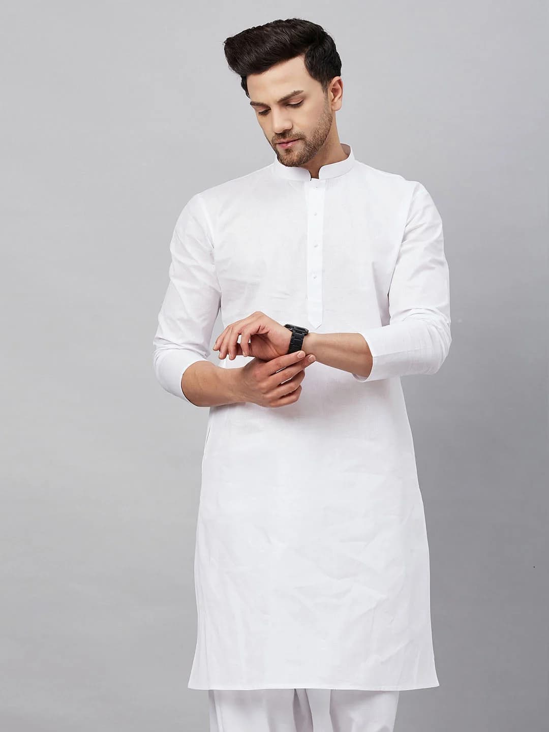 Men's White Festive Solid Cotton Kurta