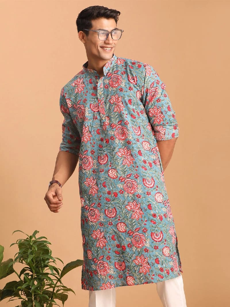 Men's Blue Festive Printed Kurta
