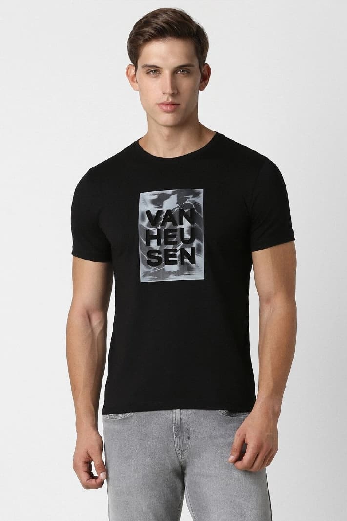 Men's Black Casual Printed Slim Fit Tshirt