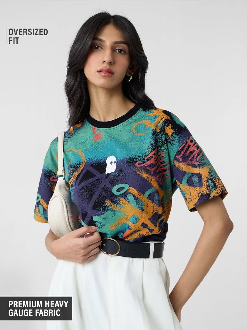 Women's Multicolor Casual Printed Oversized Fit Tshirt