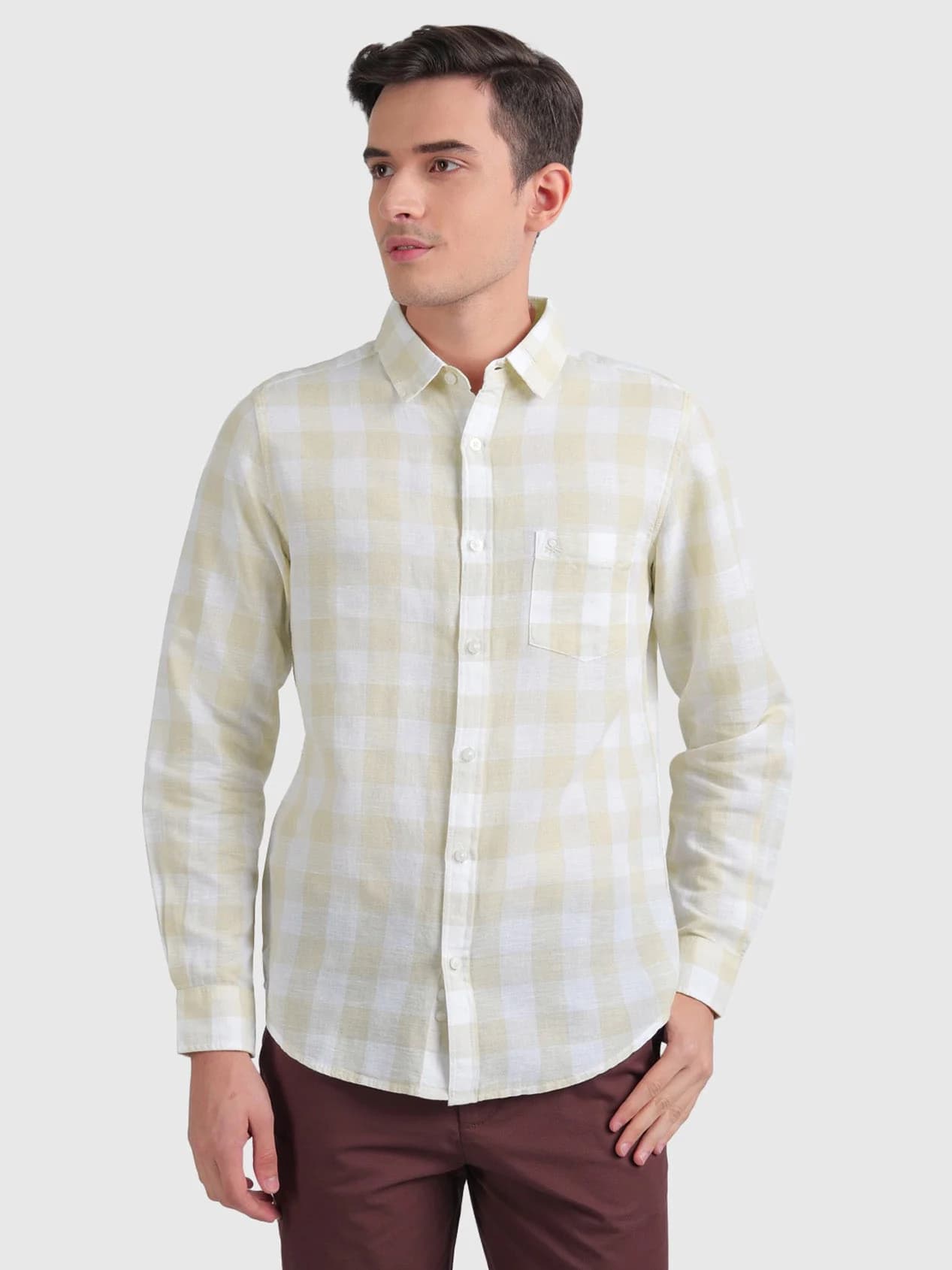 Men's Beige Casual Checked Slim Fit Cotton Shirt
