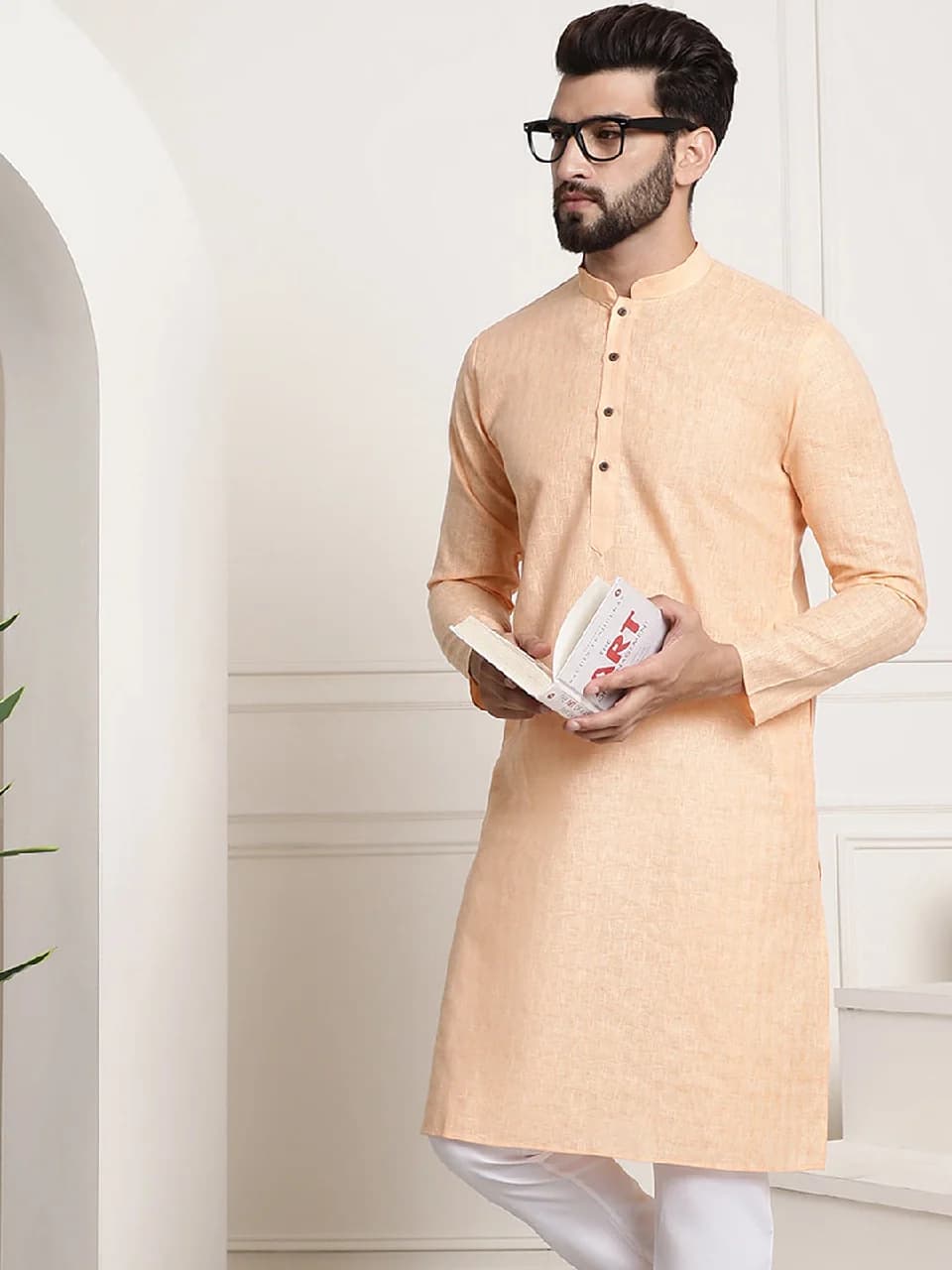 Men's Orange Casual Solid Cotton Kurta