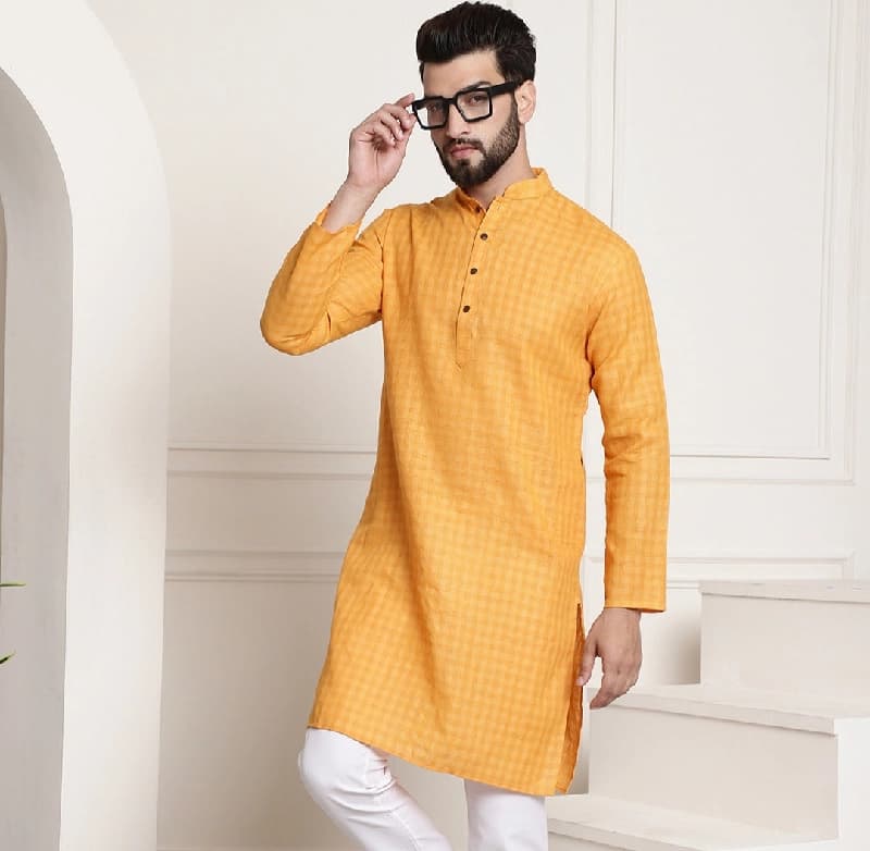 Men's Yellow Casual Solid Kurta