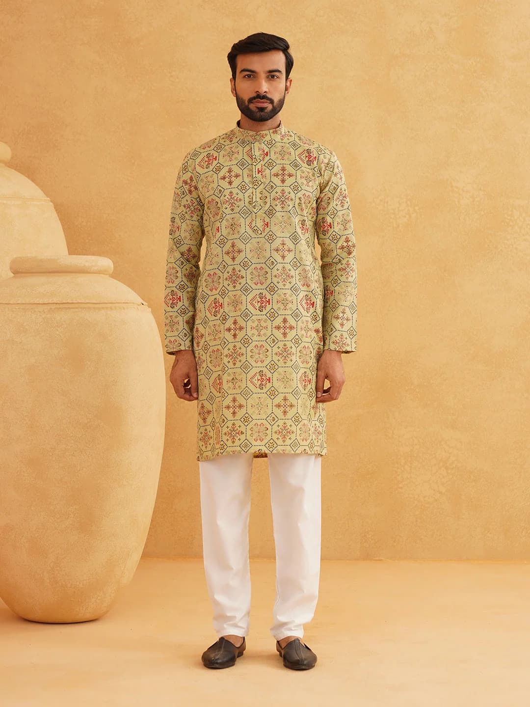 Men's Green Festive Solid Linen kurta