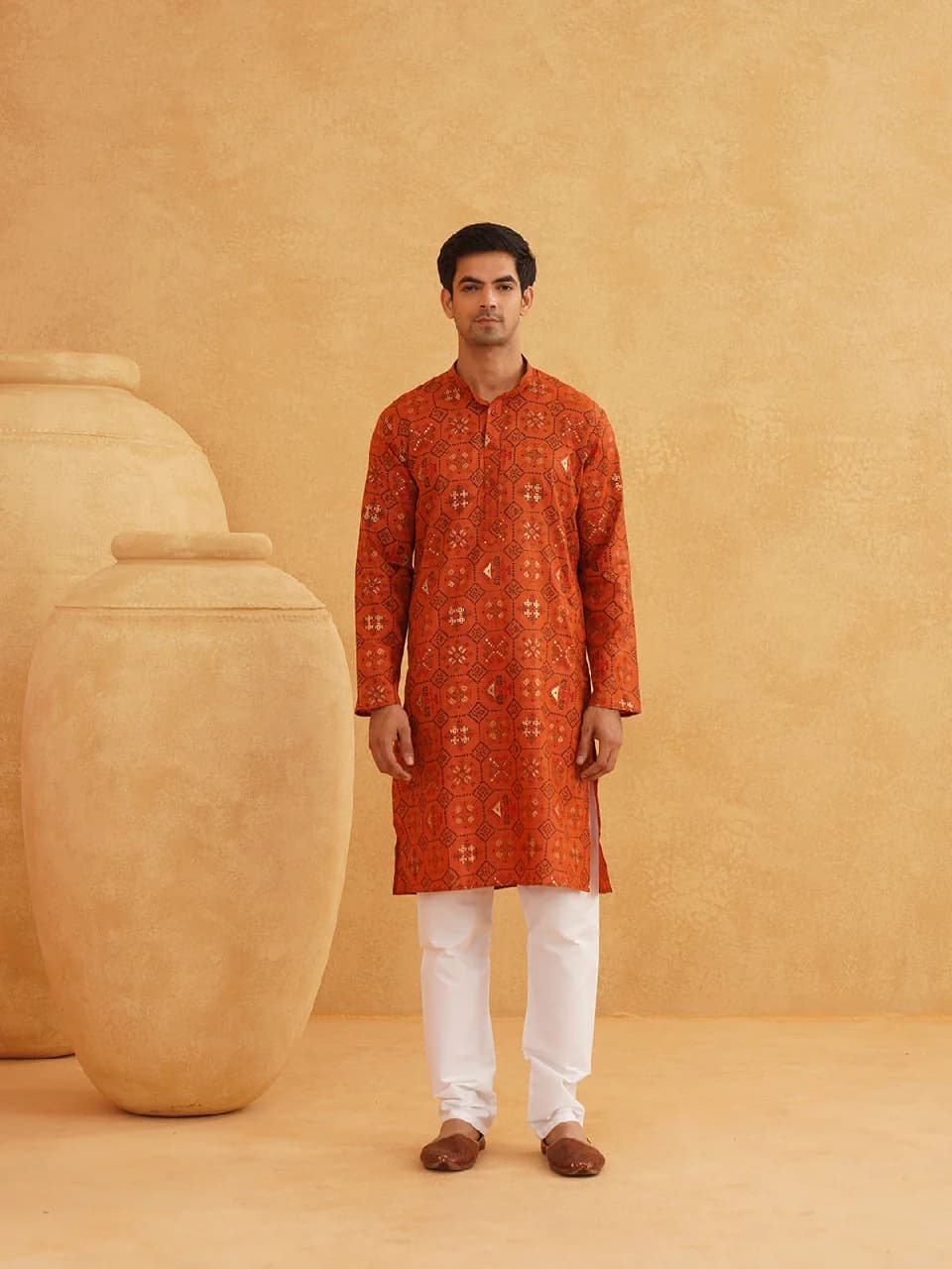 Men's Orange Festive Solid Linen kurta