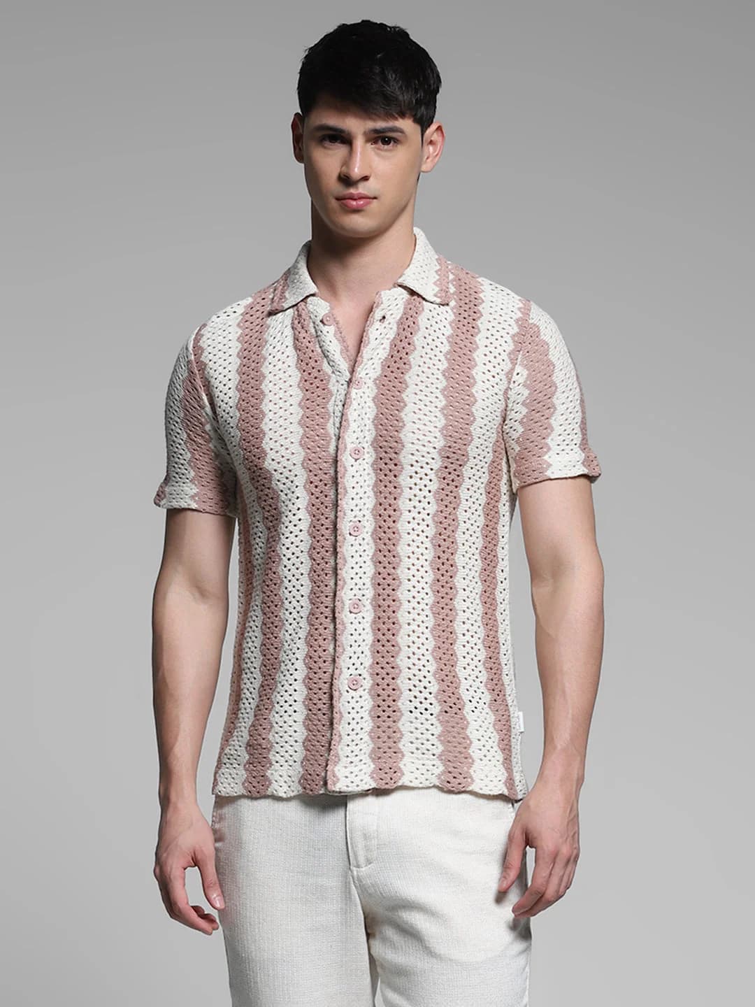 Men's Pink Casual Regular Fit Striped Half Sleeves Cotton Shirt