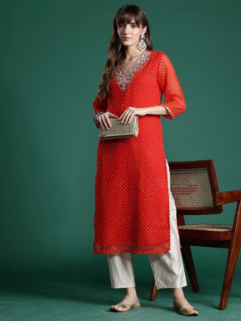 Women's Orange Festive Printed Kurta
