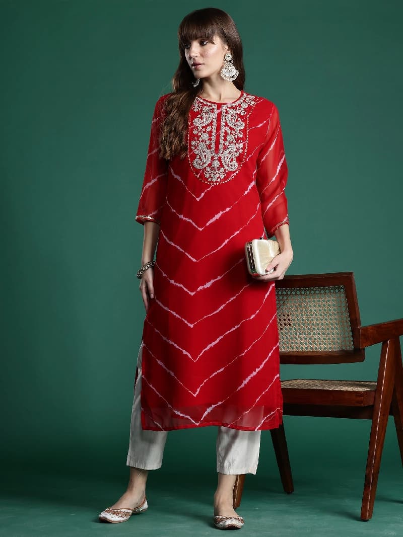 Women's Red Festive Printed Kurta