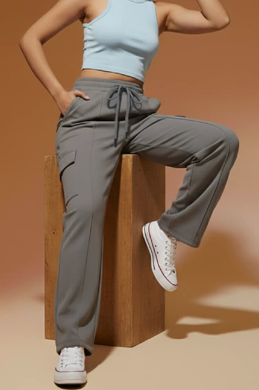 Women's Grey Casual Solid Straight Fit Cargo