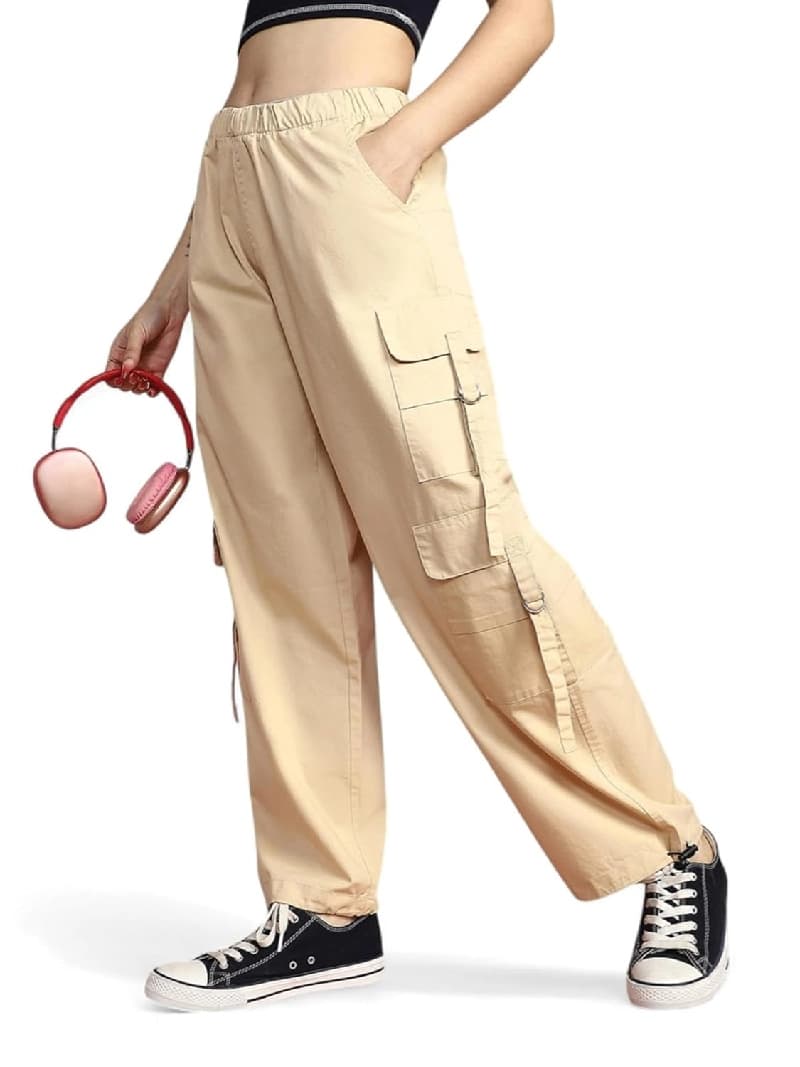 Women's Beige Casual Solid Straight Fit Cargo