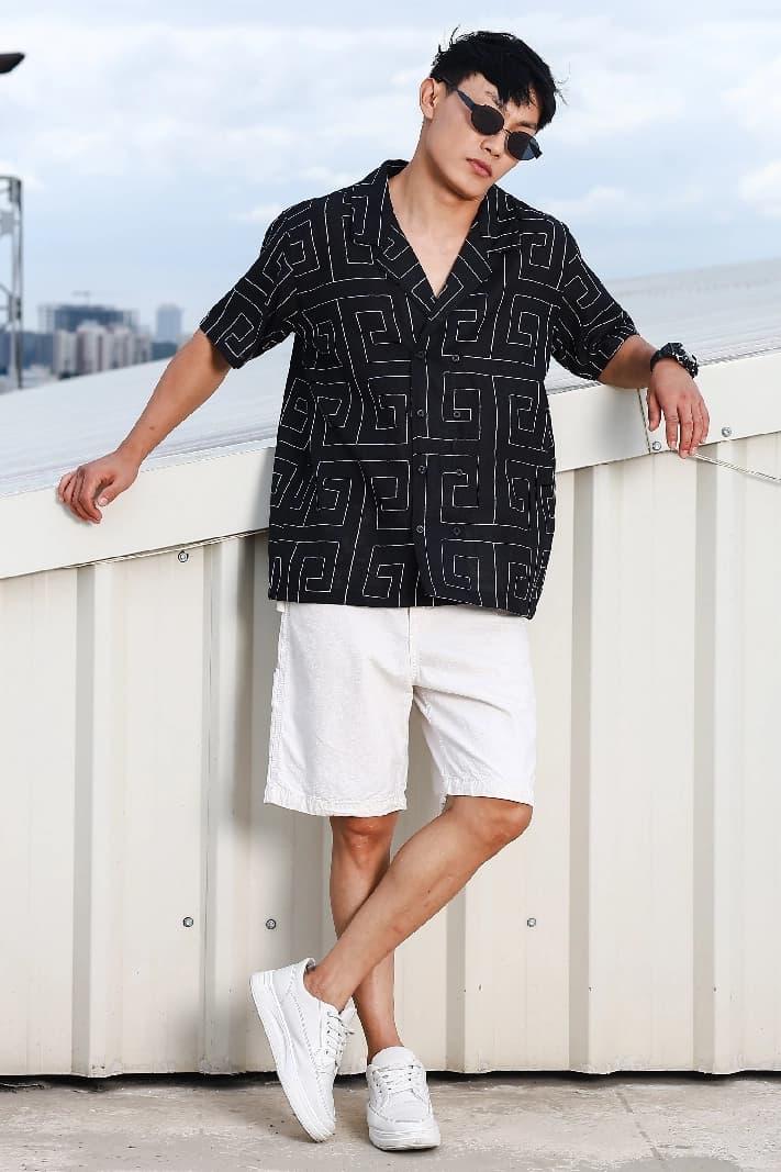 Unisex BlacK Casual Self-Design Oversized Fit Shirt