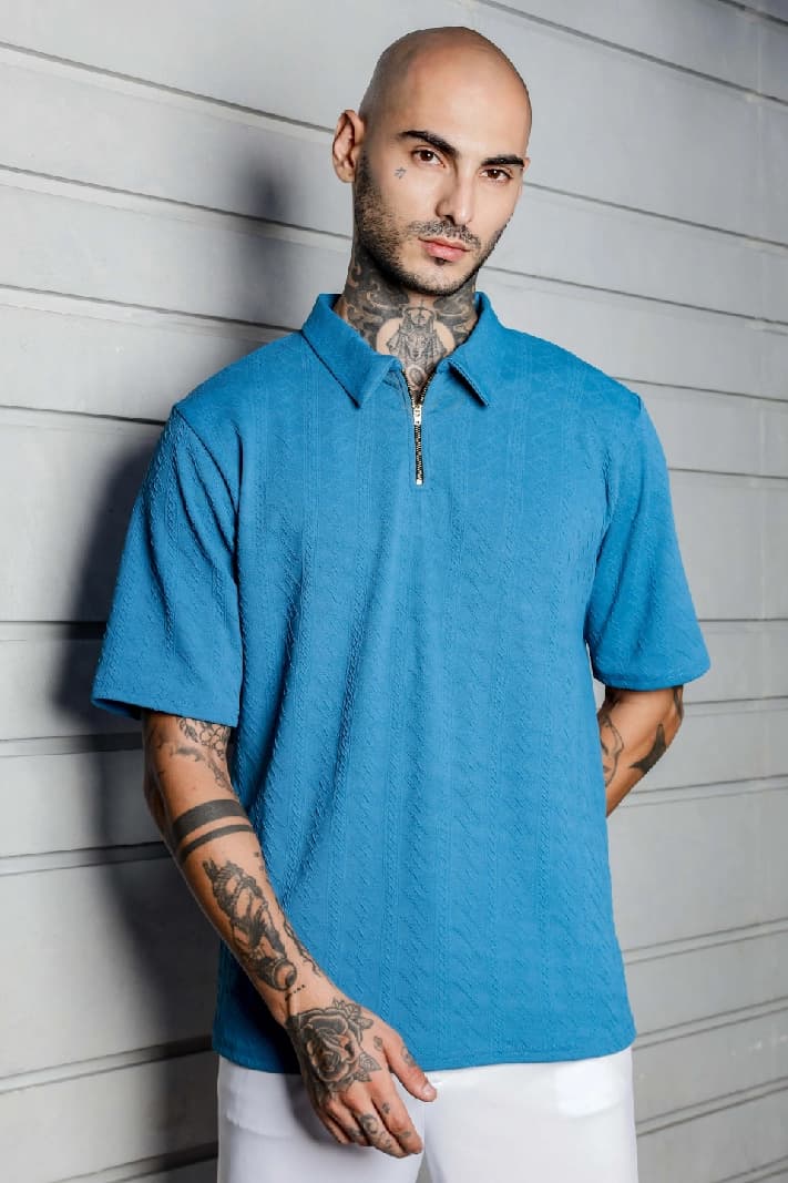 Unisex Blue Casual Textured Oversized Fit Polo Tshirt