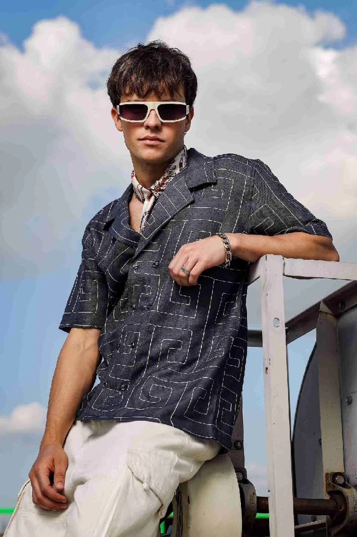 Unisex Grey Casual Self-Design Oversized Fit Shirt