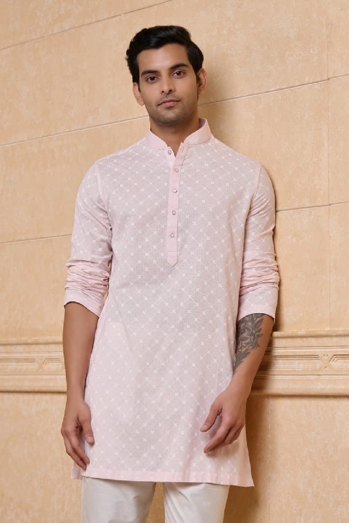 Men's Pink Casual Printed Regular Fit Kurta