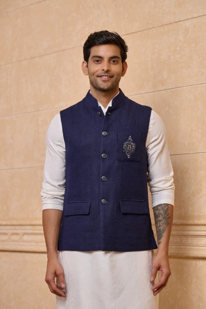 Men's Navy Casual Solid Regular Fit Nehru Jacket