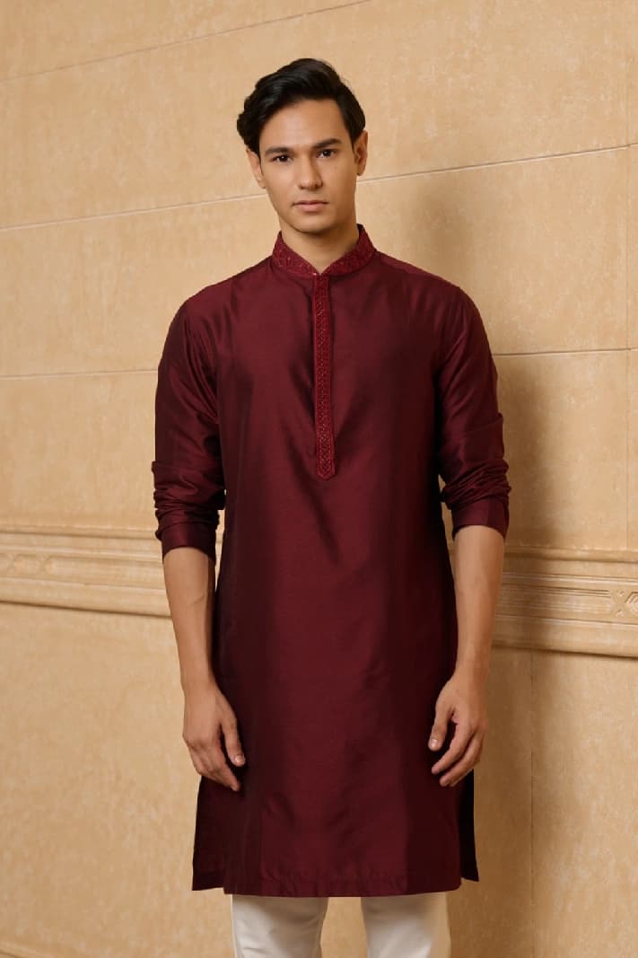 Men's Red Casual Solid Regular Fit Kurta