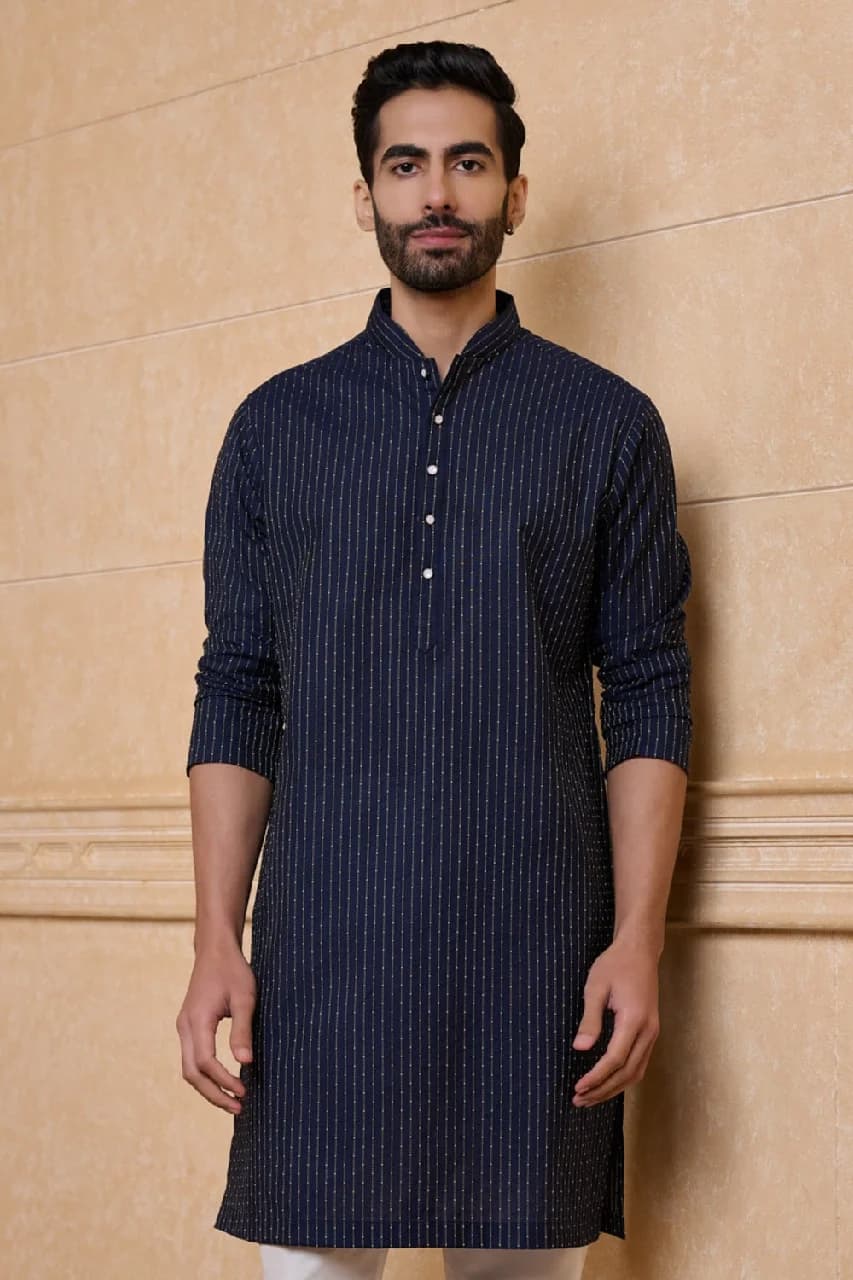Men's Navy Casual Solid Regular Fit Kurta