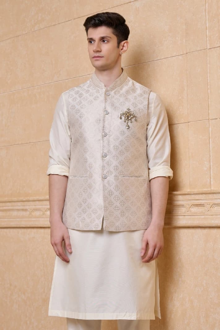 Men's Beige Casual Regular Fit Nehru Jacket