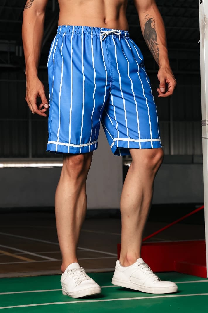 Unisex Blue Casual Striped Regular Fit Short