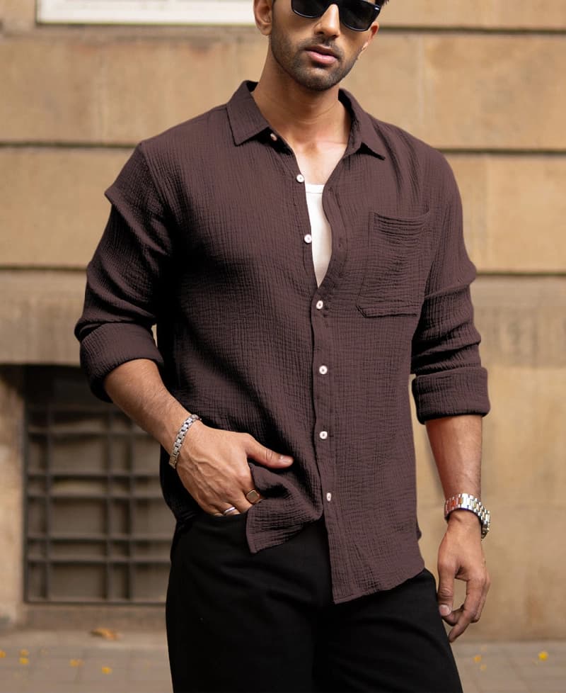 Men's Brown Casual Solid Regular Fit Shirt