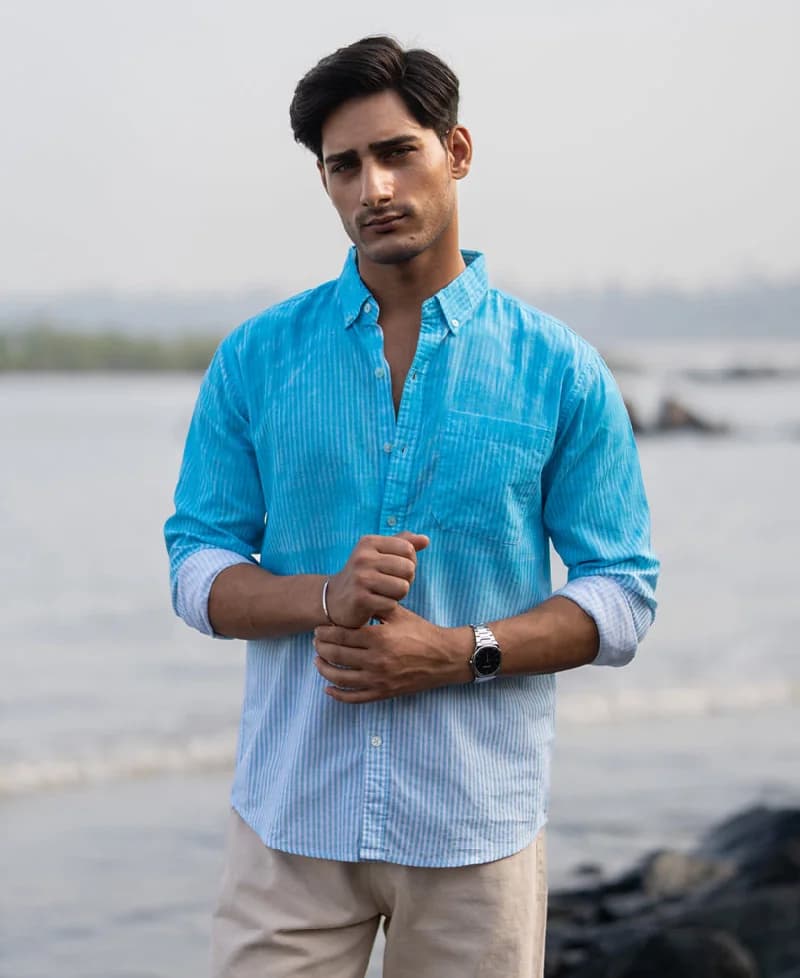 Men's Blue Casual Striped Regular Fit Cotton Shirt