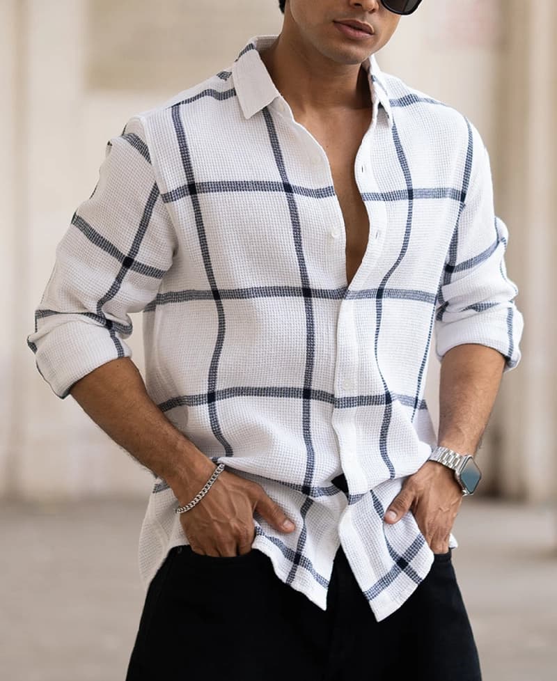 Men's White Casual Checked Regular Fit Shirt