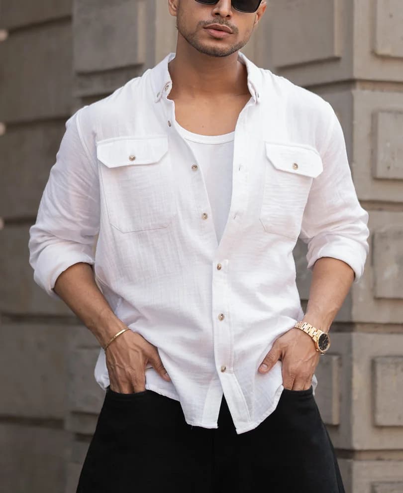 Men's White Casual Solid Regular Fit Cotton Shirt