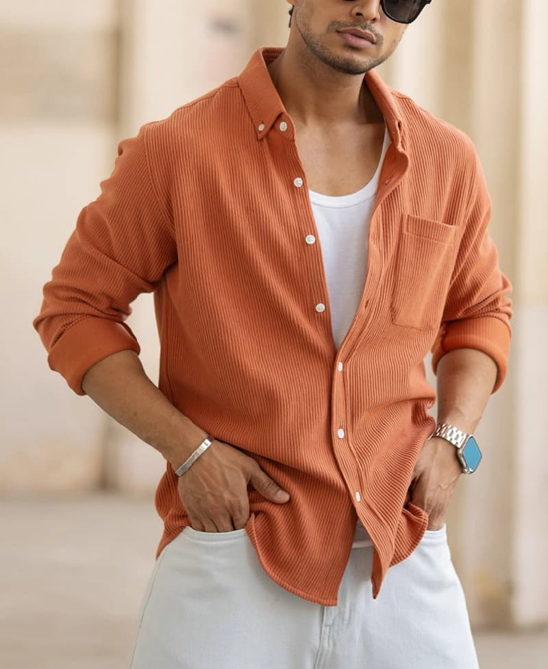 Men's Orange Casual Solid Regular Fit Shirt