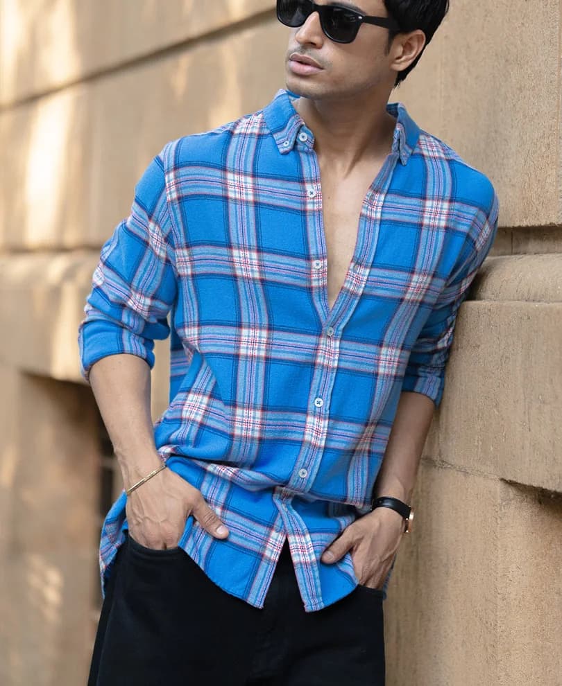 Men's Blue Casual Checked Regular Fit Cotton Shirt