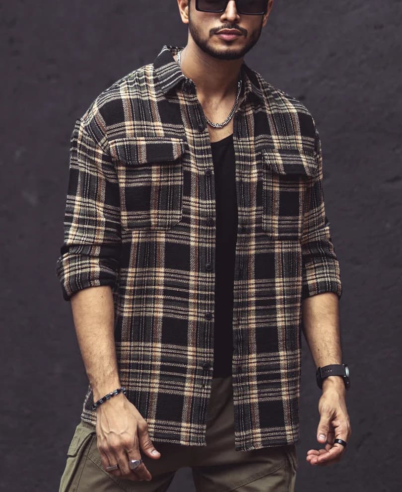 Men's Black Casual Checked Regular Fit Cotton Shirt