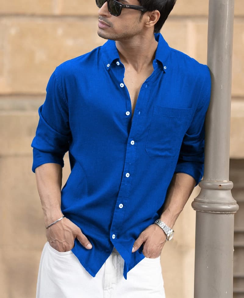 Men's Blue Casual Solid Regular Fit Shirt