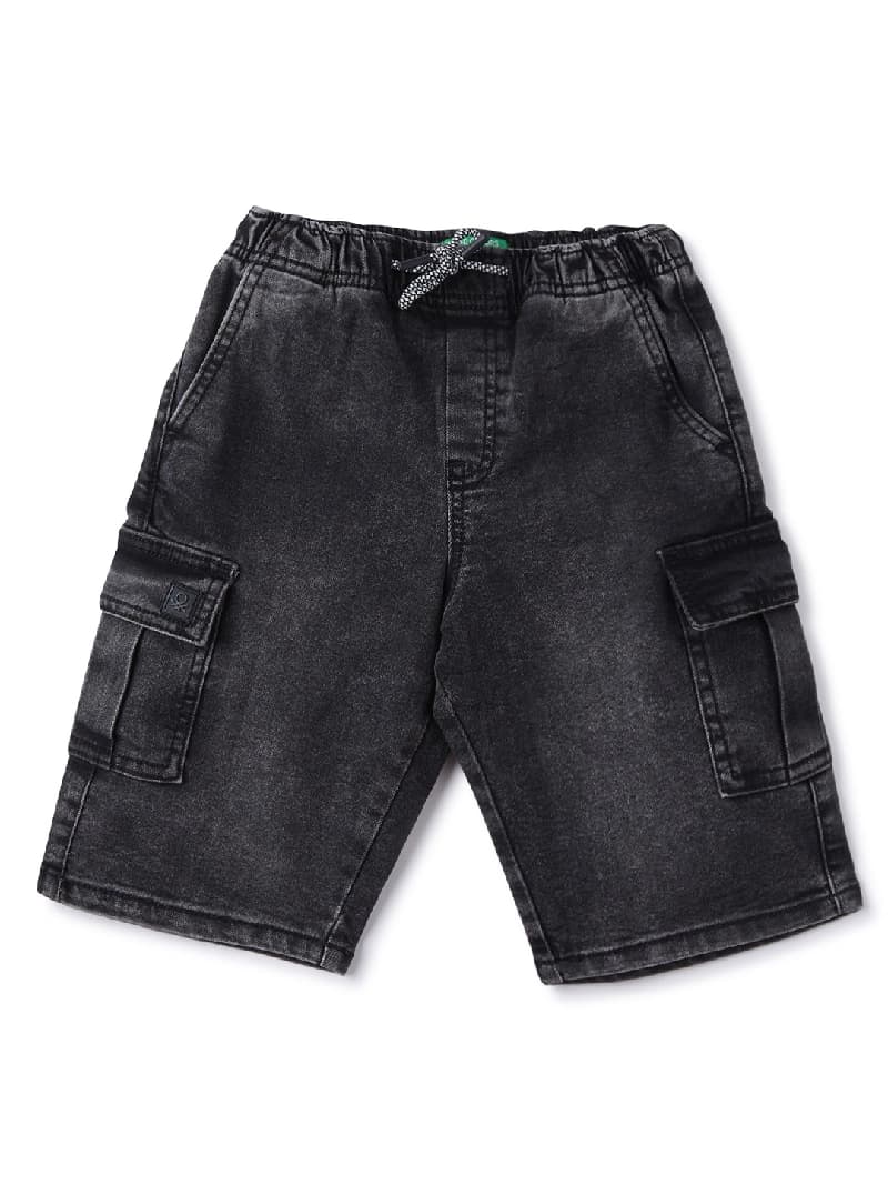 Boys Black Casual Low Rise Black Cargos Pocket Elasticated Shorts