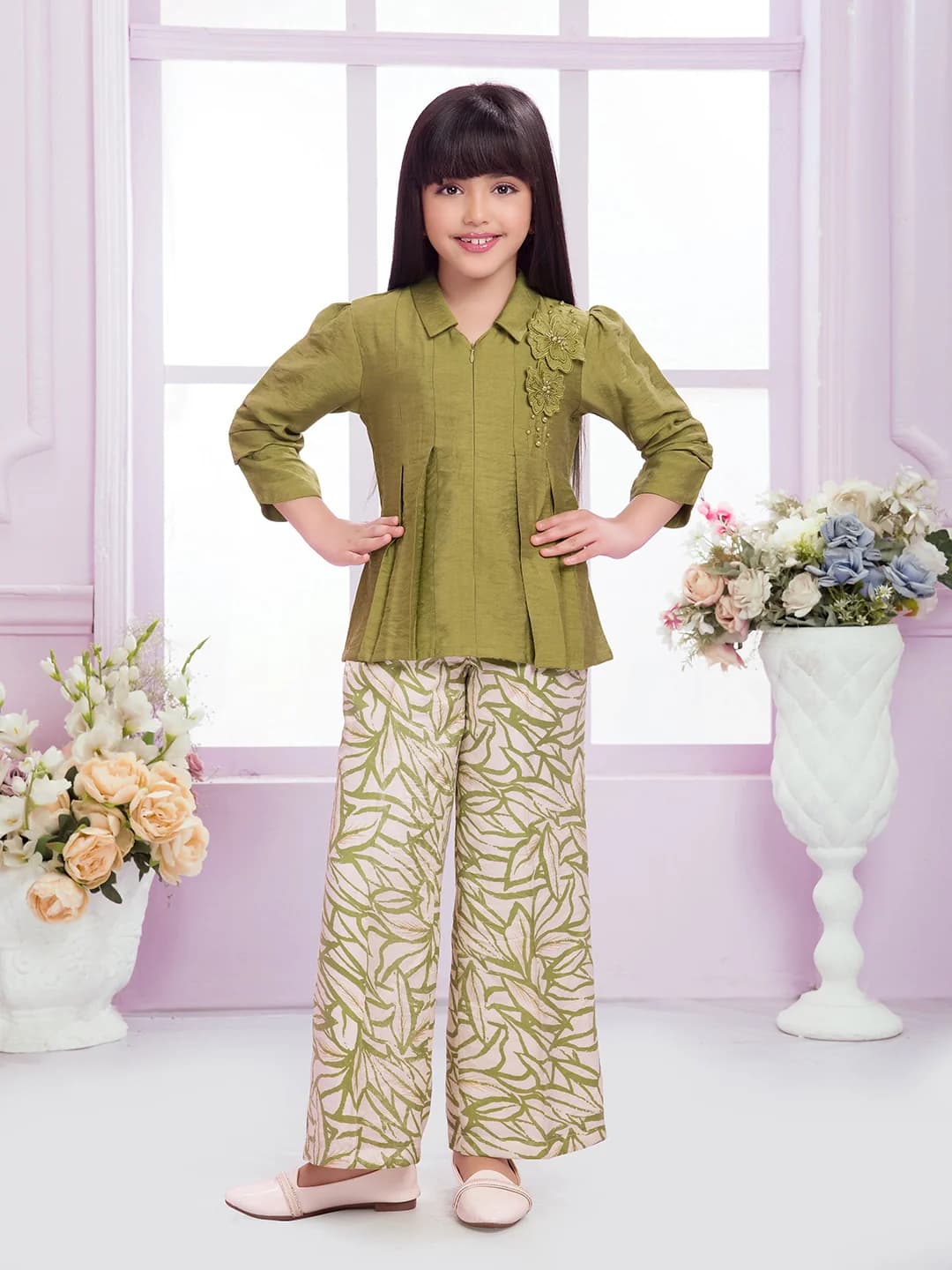 Girls Green Colored Palazzo Set