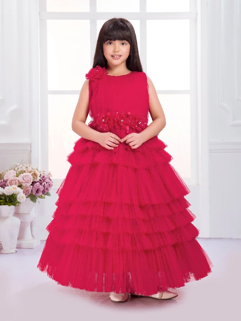 Girls Pink Party Flower Pattern Full Length Sleevless Gown