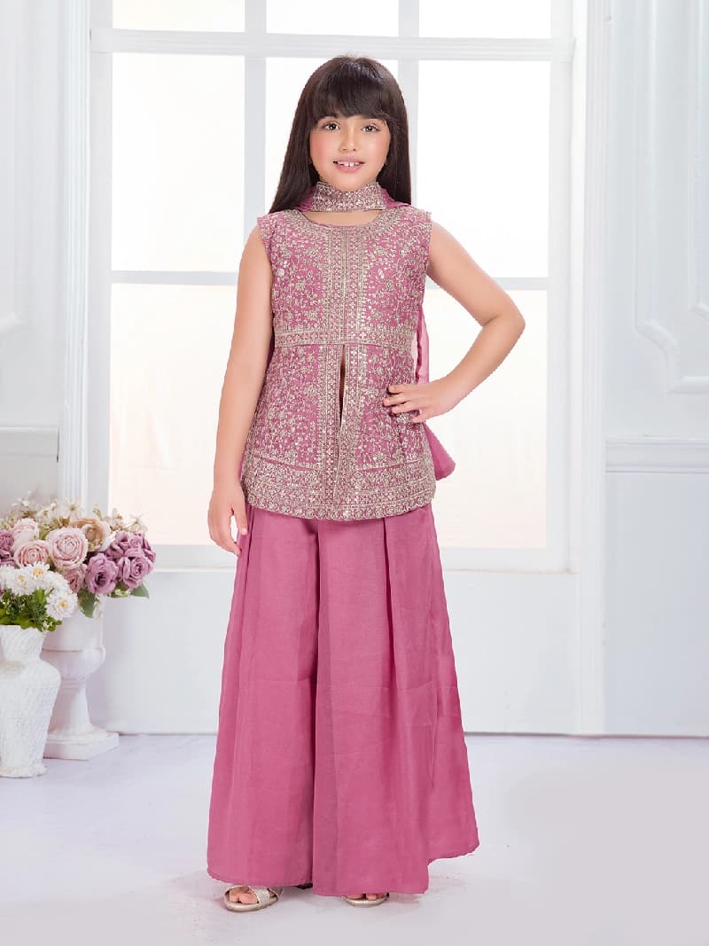 Girls Pink Colored Palazzo Set with Dupatta