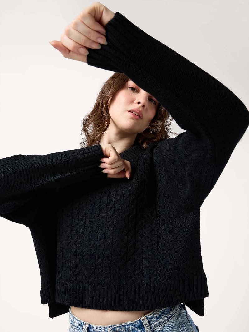 Women's Black Casual Solid Regular Fit Sweatshirt