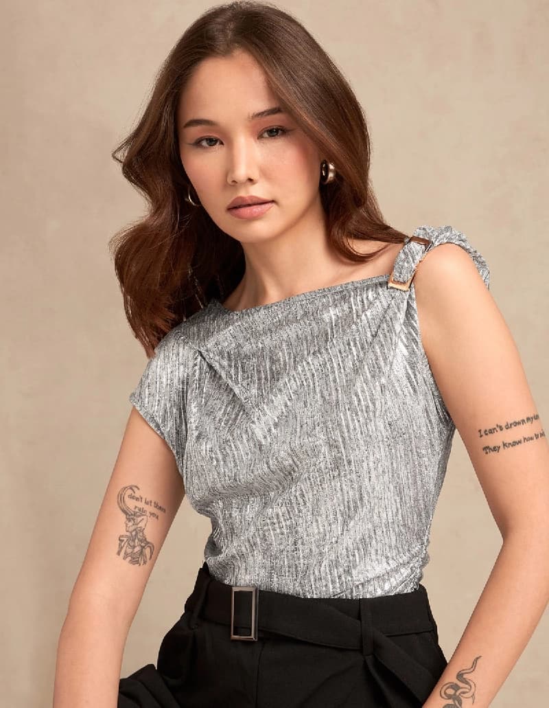 Women's Silver Party Textured Slim Fit Top