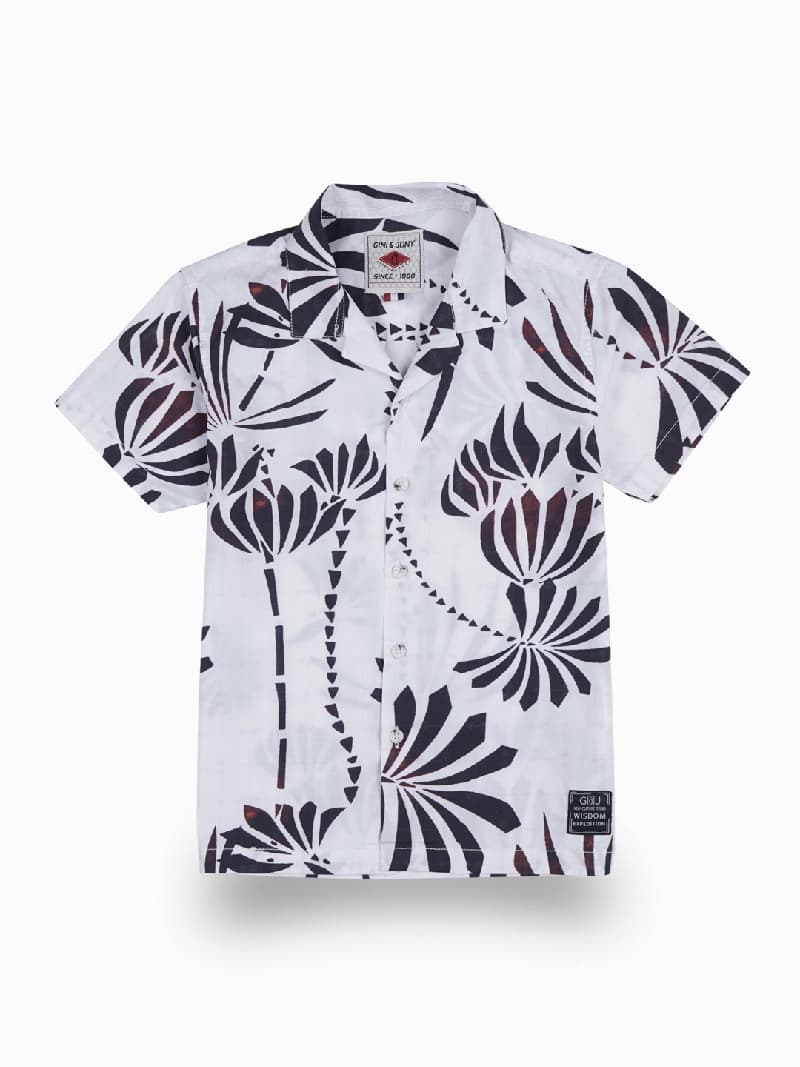 Boys White Casual Regular Fit Tropical Half Sleeves Shirt
