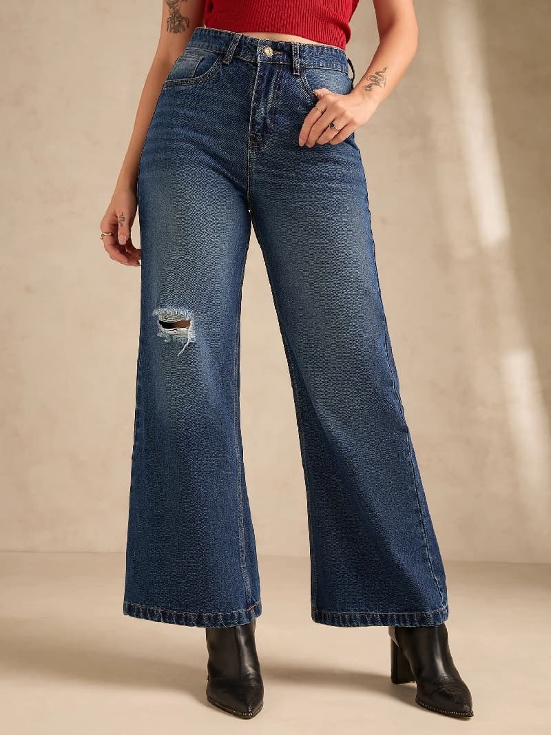 Women's Blue Casual Solid Wide Leg Jeans