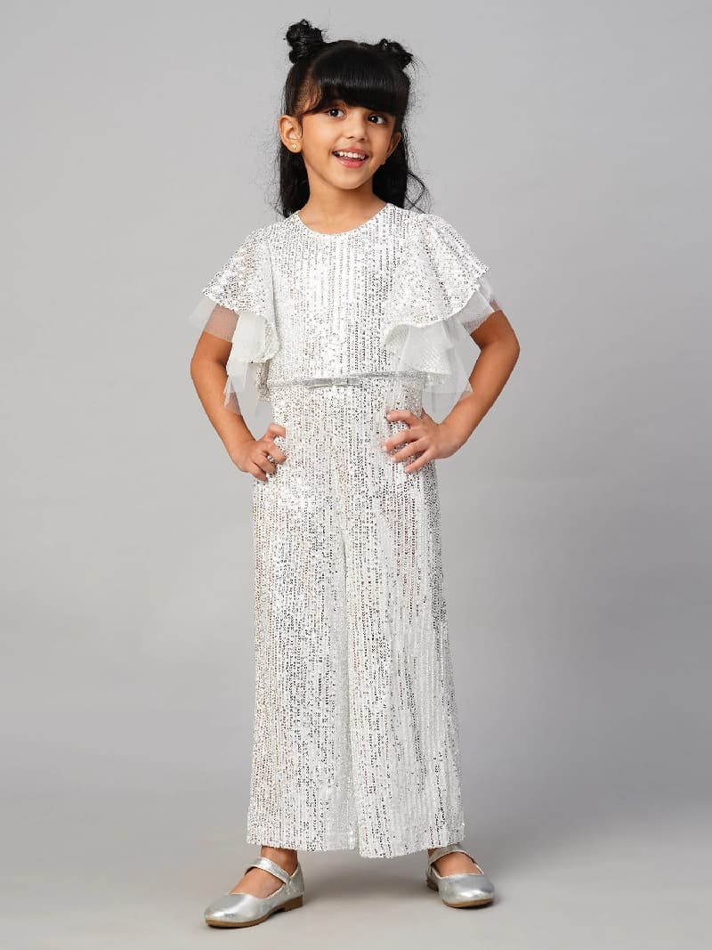 Girls White Party Half Sleeves Razzle Dazzle Sequins Jumpsuit