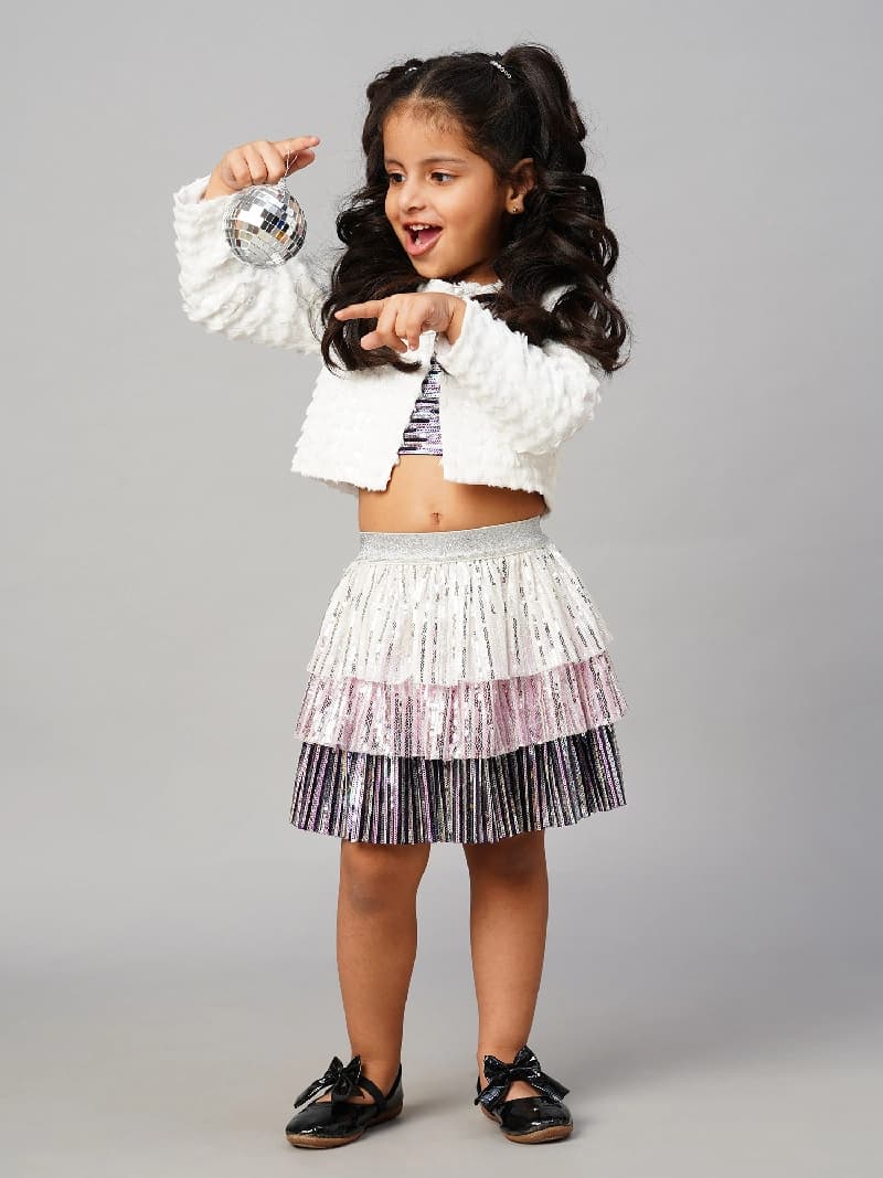 Girls White Razzle Dazzle Party Full Sleeves Jacket