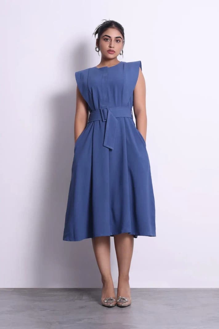 Women's Blue Casual Solid Flared Fit Dress