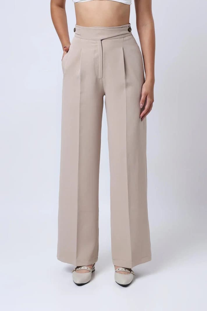 Women's Beige Formal Solid Wide Leg Trouser