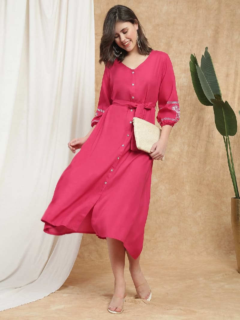 Women's Pink Casual Solid Flared Fit Dress