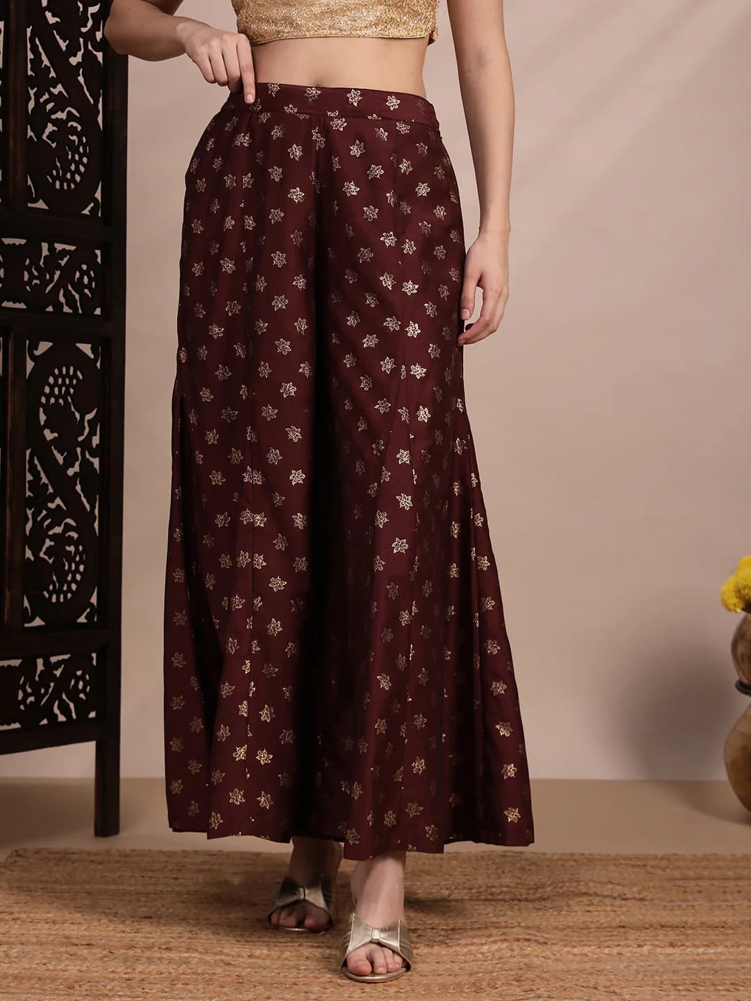Women's Brown Casual Printed Wide Leg Trouser