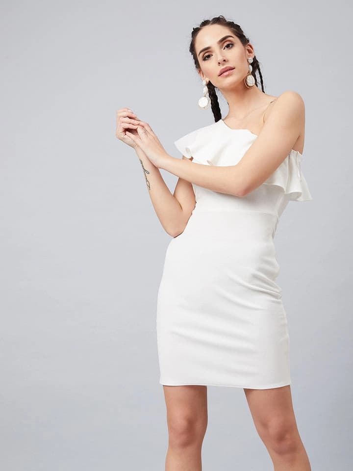 Women's White Party Solid Regular Fit Dress